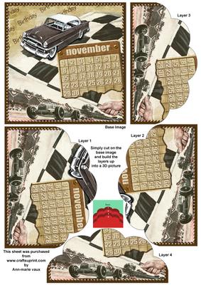 Vintage Car November Calendar 5in Scallop Bottom Stacker