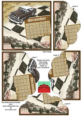 Vintage Car December Calendar 5in Scallop Bottom Stacker