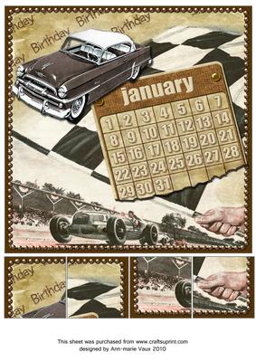 Vintage Car January Calendar 8inch Picture Sheet