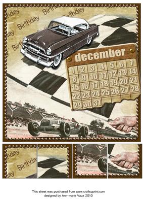 Vintage Cars December Calendar 8inch Picture Sheet