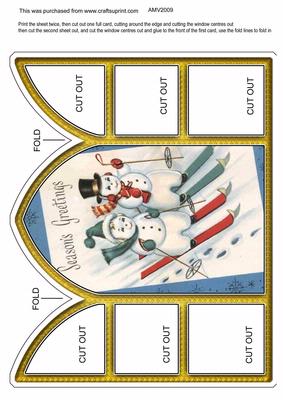 Skiing Snowmen Church Window Large Gatefold Card
