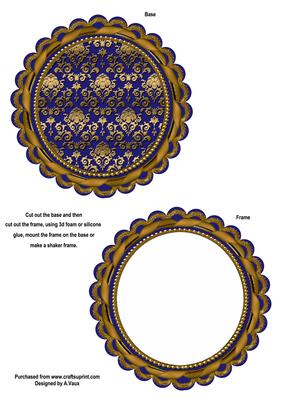 Blue Gold Damask Round Scallop Shaped Base and Shaker Frame