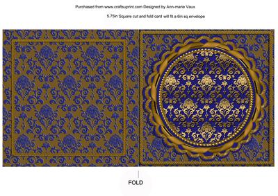 Blue Gold Damask Square Fold Round Scallop Card
