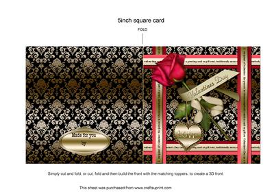 Red Rose Valentine Black Damask 5in Fold Card