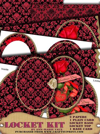Red Black Rose Damask Valentine A5 Locket Card