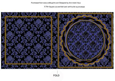 Blue Black Damask Square Fold Round Scallop Card