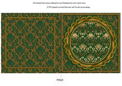 Green Gold Damask Square Fold Round Scallop Card