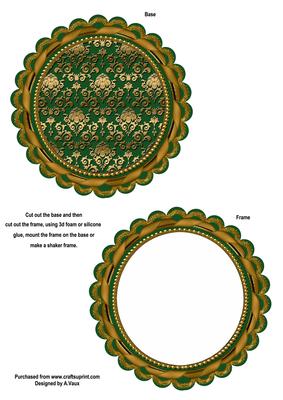 Green Gold Damask Round Scallop Shaped Base and Shaker Frame