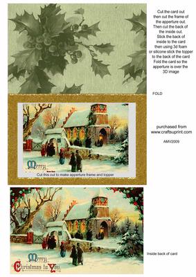 Christmas Church and Holly Gold Frame Aperture Card