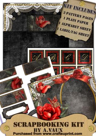 Black and Red Vintage Tea Rose Scrapbooking Kit