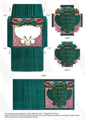 Teal Pink Double Rose Birthday Card Envelope Block Aio