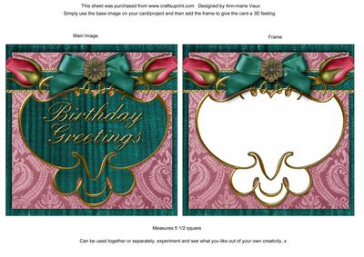 Teal Pink Double Rose Birthday Card Base and Frame