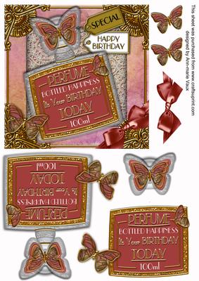 Pink Butterfly Perfume Birthday Bottle 6in Decoupage Sheet
