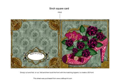 Pink Glitter Rose 21st Shoe 5inch Square Cut and Fold Card