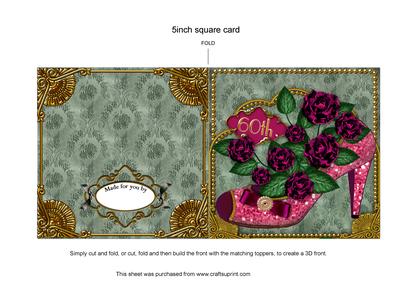 Pink Glitter Rose 60th Shoe 5inch Square Cut and Fold Card