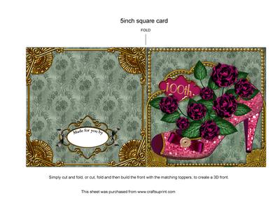 Pink Glitter Rose 100th Shoe 5inch Square Cut and Fold Card