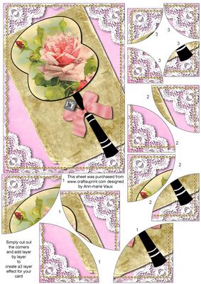 Pink Rose Oriental Fan 7x5in Quad Corner Stacker