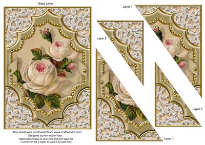 Cream Roses Ornate Diamond 7x5 Triangle Duo Corner Stacker
