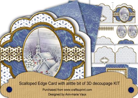Christmas Blue Church Lace Scalloped 3D Decoupage Card Kit
