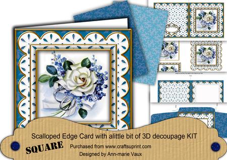 Blue Wedding Rose Em Anglaise Scallop Square 3D Card Kit