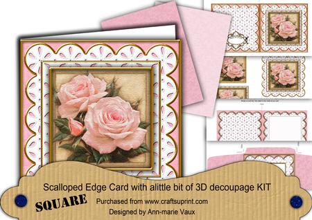 Pink Roses Em Anglaise Scallop Square 3D Card Kit