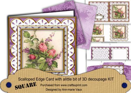 Rose Bouquet Anglaise Scallop Square 3D Card Kit