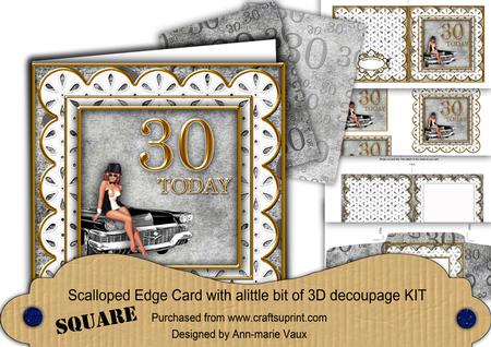 Mens Grey 30th Birthday Anglaise Scallop Square 3D Card Kit