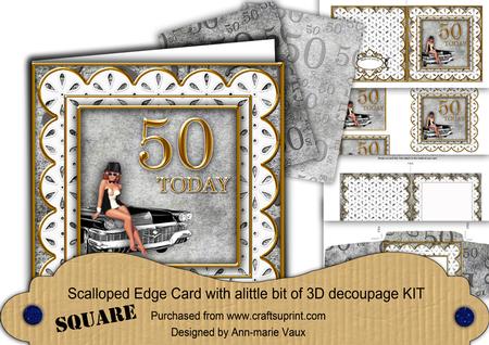 Mens Grey 50th Birthday Anglaise Scallop Square 3D Card Kit