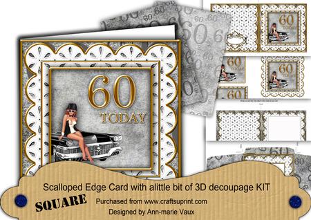 Mens Grey 60th Birthday Anglaise Scallop Square 3D Card Kit