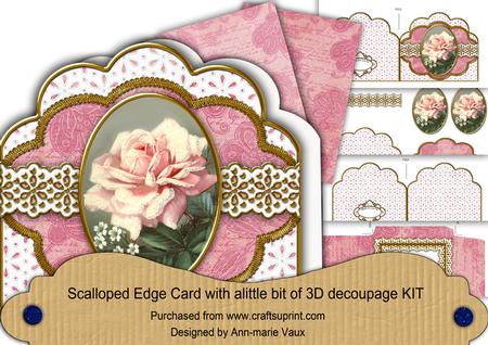 Single Pink Rose Anglaise Scalloped 3D Decoupage Card Kit