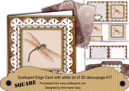 Oriental Plum Dragonfly Anglaise Scallop Square 3D Card Kit