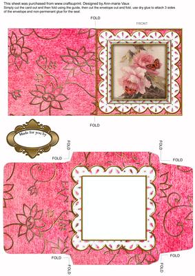 Pink Rose Butterfly 1 Anglaise Midi Card and Envelope