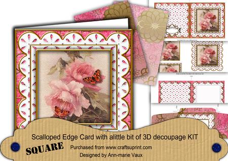 Pink Rose Butterfly Em Anglaise Scallop Square 3D Card Kit