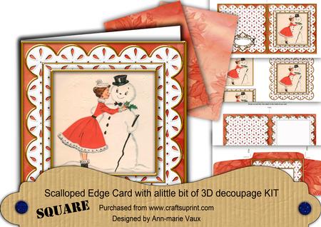 Mummy Kissing Snowman Em Anglaise Scallop Square 3D Card Kit