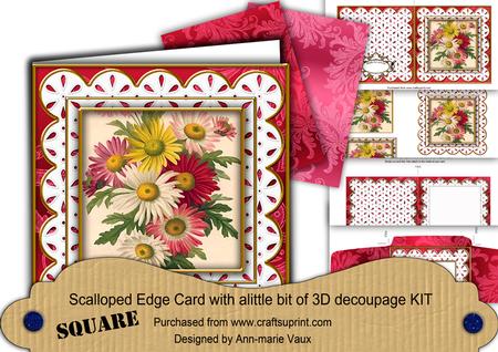 Crazee Daisies Pink Em Anglaise Scallop Square 3D Card Kit