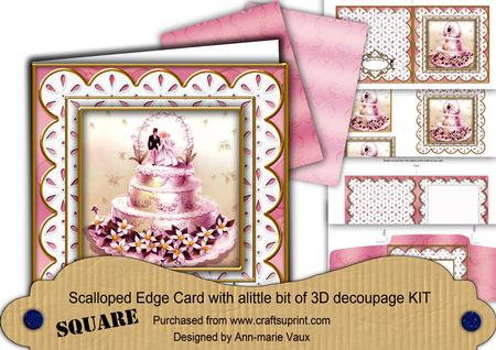 Wedding Cake Pink Em Anglaise Scallop Square 3D Card Kit