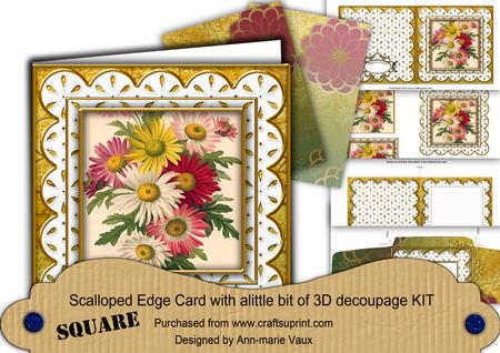 Crazee Daisies Gold Em Anglaise Scallop Square 3D Card Kit