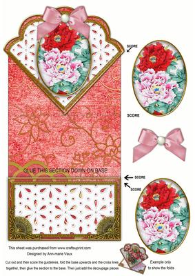 Oriental Peonies Red Anglaise Scallop Spring Decoupage Card