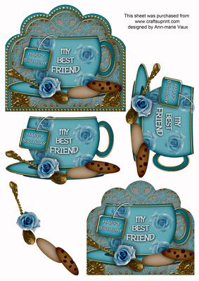 My Best Friend Birthday Rose Turq Cup 3D Decoupage Sheet