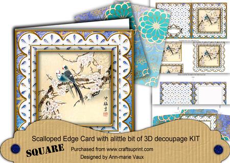 Oriental Birds 3 Anglaise Scallop Square 3D Card Kit