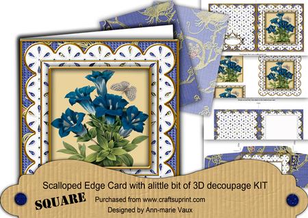 Blue Floral Anglaise Scallop Square 3D Card Kit