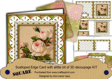 Cream Roses Anglaise Scallop Square 3D Card Kit