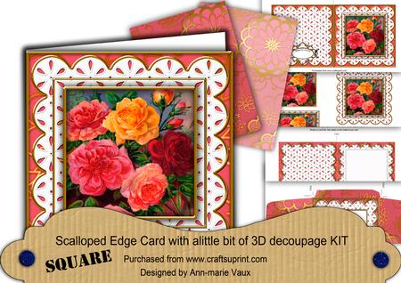 Mixed Roses Anglaise Scallop Square 3D Card Kit