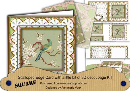 Oriental Green Bird Anglaise Scallop Square 3D Card Kit