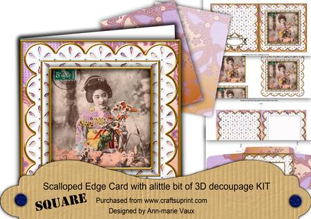 Oriental Flower Girl Anglaise Scallop Square 3D Card Kit