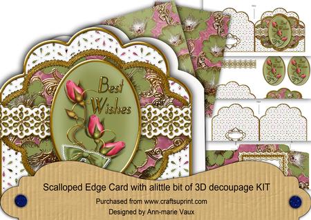Green Pink Rose Best Wishes Lace Scallop 3D Decoupage Kit