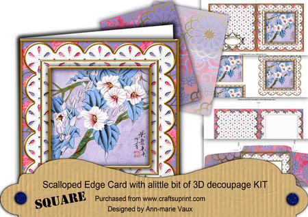 Oriental Flowers Anglaise Scallop Square 3D Card Kit