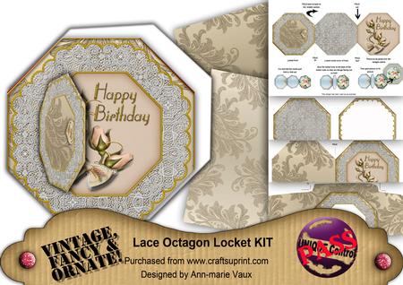 Cream Roses Happy Birthday Octagon Lace 3D Locket Card Kit
