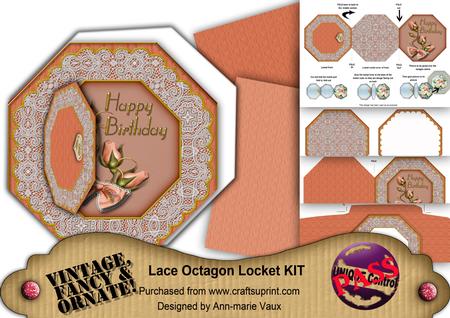 Peach Roses Birthday Octagon Lace 3D Locket Card Kit