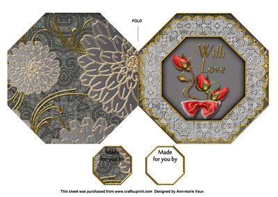 Black Red Rose with Love Octagon Lace Picture Fold Card